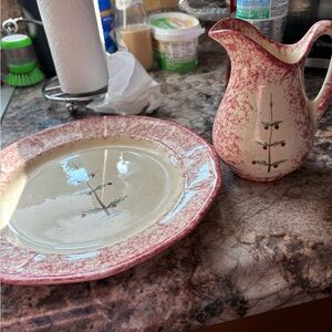 Red and Cream Floral Plate and Pitcher Set